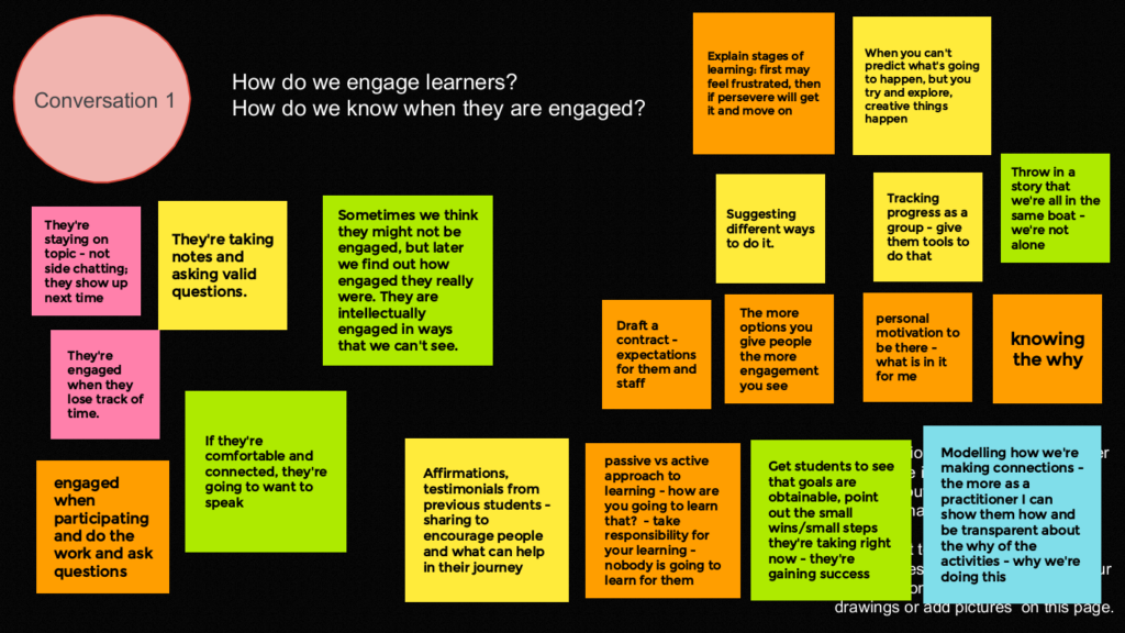 Jamboard frame with the questions:

How do we engage learners?
How do we know when they are engaged?

The responses are quoted below this image.